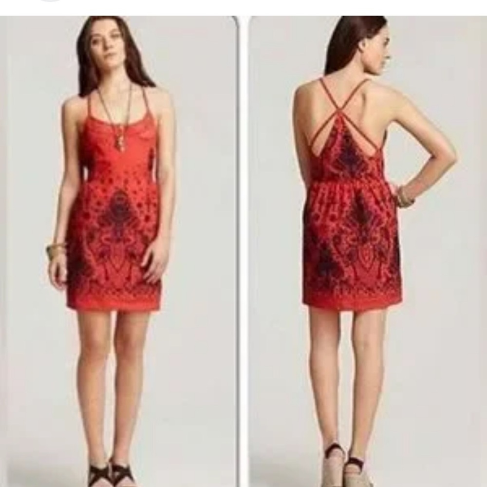 Free People sunshine benji Red and Black Mini Dress cotton/linen blend